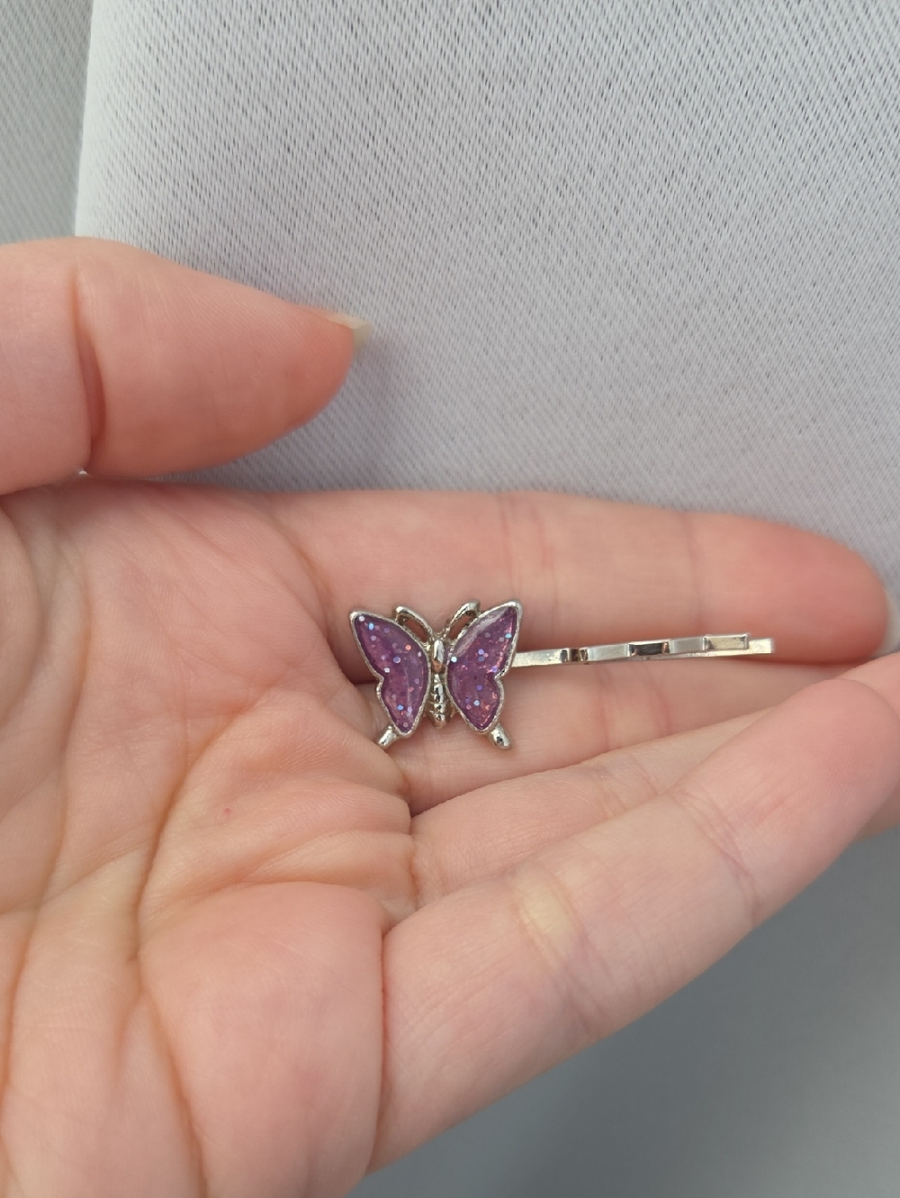 Silver Butterfly Hair Pin with Purple Glitter Wings